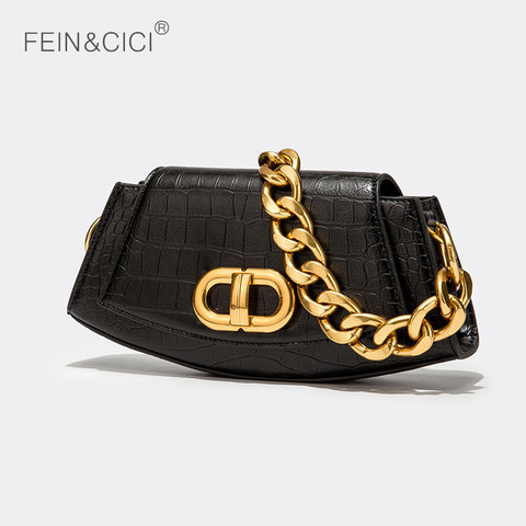 Bolso de lujo con cadena para mujer, bandolera cruzada con solapa y estampado de cocodrilo en color negro y beige ► Foto 1/6