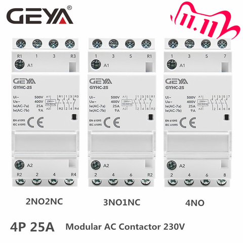 GEYA carril Din automático Modular hogar Contactor AC230V 4P 25A 4NO 2NO2NC 3NO1NC 50/60Hz ► Foto 1/6