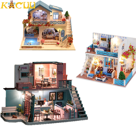 Casa de DIY para muñecas con muebles para niños, miniaturas de madera, casa de muñecas con LED, juguetes de ensamblaje para bebés, regalos de navidad ► Foto 1/6