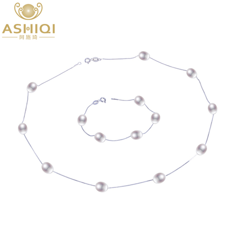 ASHIQI-Conjunto de joyería para mujer, de Plata de Ley 925 con perlas naturales, collar de perlas de agua dulce reales, pulsera para mujer ► Foto 1/6