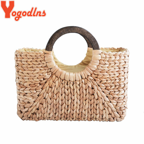 Yogodlns-Bolsos de paja de verano para mujer, carteras de paja de maíz tejido a mano, gran capacidad, para vacaciones, playa, diseño informal, portátil ► Foto 1/6