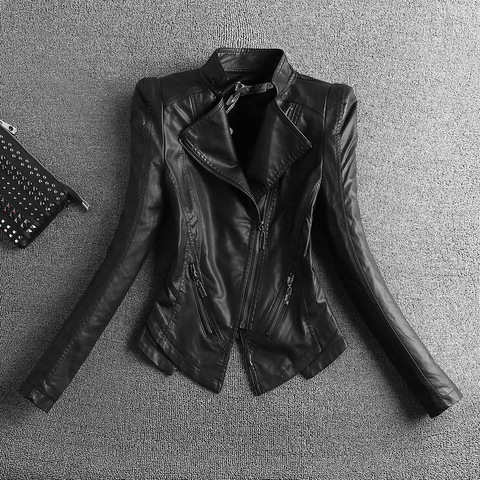 2022 las nuevas mujeres de moda chaqueta de moto negro chaqueta de cuero para mujeres de cremalleras abrigo básico de abrigo de cuero de talla grande 4XL C-2 ► Foto 1/6