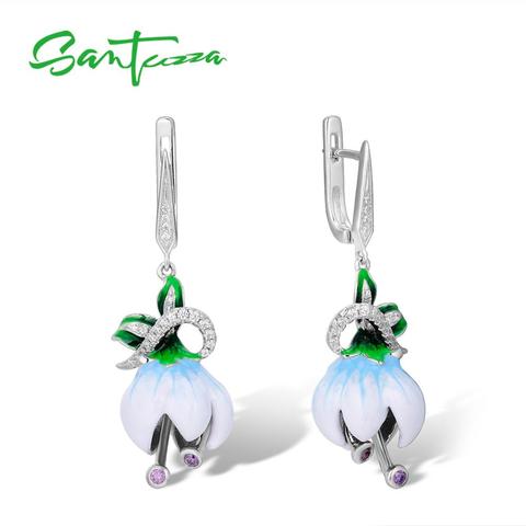 SANTUZZA-Pendientes plata de primera ley flor blanca para mujer, aretes, plata esterlina 925, esmalte blanco, hecho a mano ► Foto 1/6