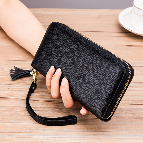 Cartera de cuero genuino estilo clásico para mujer, Cartera de mano con Cremallera larga Rfid, tarjetero, billetera de mano con borlas ► Foto 1/6