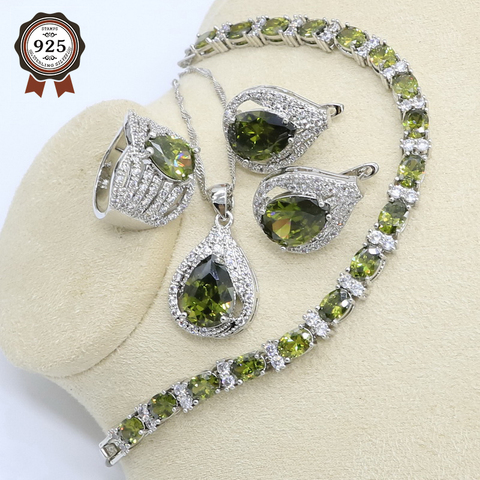 2022 nuevo Zircon verde olivo de Color de plata conjunto de joyas para las mujeres con pendientes de pulsera de COLLAR COLGANTE anillo regalo de cumpleaños ► Foto 1/6