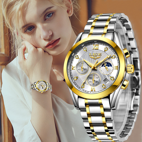 LIGE-Reloj de acero inoxidable para mujeres, nuevo accesorio de oro, creativo, impermeable, femenino, 2022 ► Foto 1/6