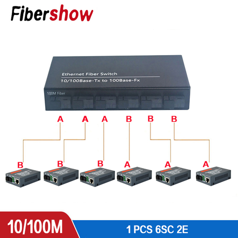 Convertidor de medios ópticos de fibra Ethernet, convertidor de interruptor de modo único 20KM 2 RJ45 y 6 puerto de fibra óptica SC, 10/100M ► Foto 1/6