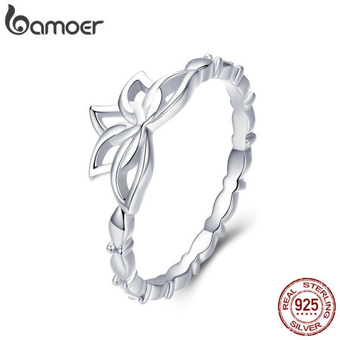 BAMOER-Anillo de flor de loto plateado para mujer, joyería de plata de ley 925 auténtica, elegante, BSR018 ► Foto 1/6