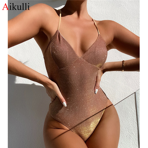 Bañador brillante de una pieza para mujer, traje de baño Sexy de corte alto con cuello de pico, Monokini, traje de baño para playa, 2022 ► Foto 1/6