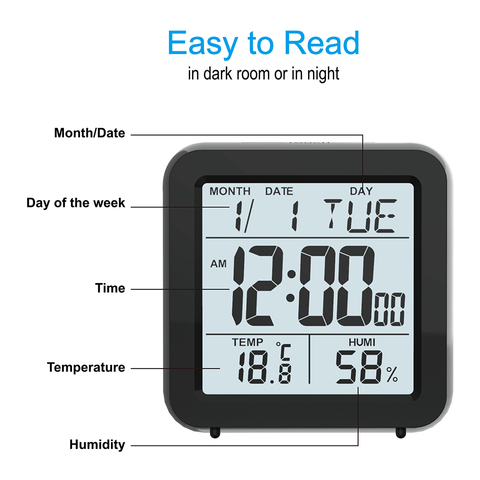 Despertador electrónico de escritorio con termómetro, reloj despertador, calendario con mesa de noche digital grande, funciona con batería, higrómetro ► Foto 1/6