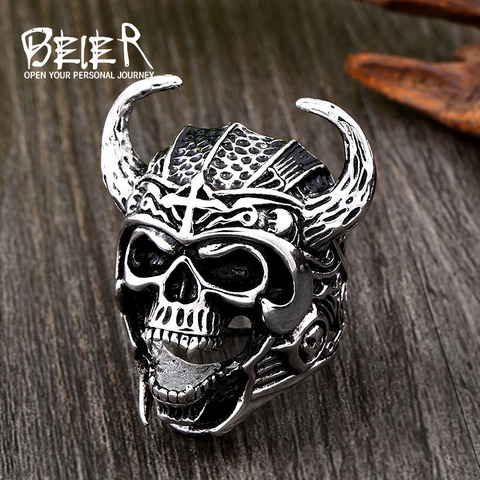 Beier-anillo de acero inoxidable 316L para hombre, Cruz del cráneo, guerrero vikingo, cuerno nórdico punk, dios de la guerra, joyería de calidad LLBR8-692R ► Foto 1/6