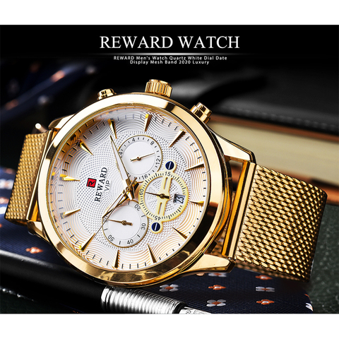 REWARD-reloj analógico de acero inoxidable para hombre, accesorio de pulsera resistente al agua con cronógrafo, complemento Masculino de marca de lujo con manecillas luminosas, disponible en color dorado, 2022 ► Foto 1/6