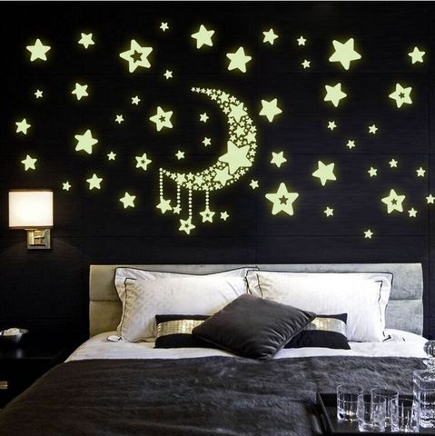 Luna y estrella fluorescente, noctilucente, resplandor nocturno en la oscuridad, vinilo luminoso extraíble para guardería, pegatinas de pared del dormitorio para niños ► Foto 1/5