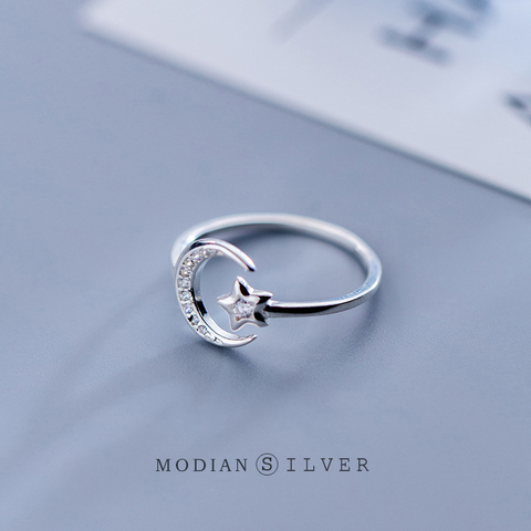 Modian-Anillo de dedo ajustable abierto para mujer, de Plata de Ley 925 pura, brillante, estrella, Luna, regalo para niñas, joyería ► Foto 1/5