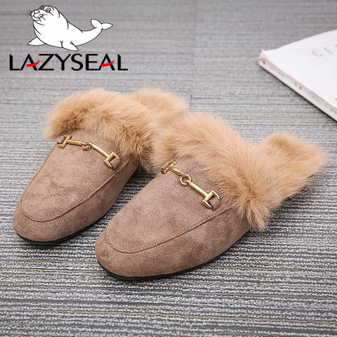 LazySeal-zapatos deslizantes de piel para mujer, zapatillas femeninas de color negro para exteriores, 100% de pelo de conejo verdadero para verano e invierno ► Foto 1/6