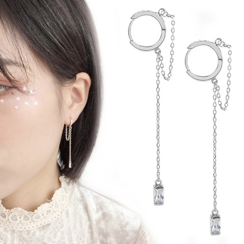 Pendiente de Clip para oreja de cadena larga para mujer, pendiente de borla de cristal para mujer, joyería de color plateado, 1 Uds. ► Foto 1/5