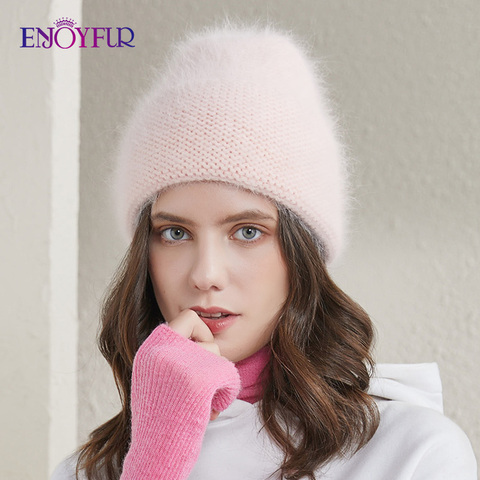 ENJOYFUR-gorros de invierno con piel de conejo para mujer, gorrito de piel de conejo con puños, cálido, color sólido, estilo joven ► Foto 1/6