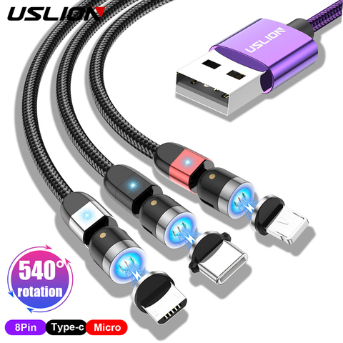 USLION-Cable USB magnético de carga rápida, Micro tipo C, para teléfono móvil iPhone, Samsung, 360 + 180 grados ► Foto 1/6