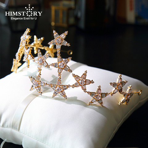 HIMSTORY-diademas de estrella de oro para novia, Tiaras y coronas brillantes de cristal, accesorios para el cabello de boda, Tiara de joyería para el pelo ► Foto 1/6