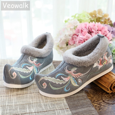 Veowalk-zapatos planos cálidos con forro de felpa corta para mujer, zapatillas planas bordadas con flores, en la nariz punta Baja, suaves, para invierno ► Foto 1/6