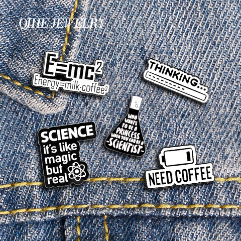 Joyería QIHE ciencia y café divertido broches esmaltados negro blanco de Metal lindo insignias mochilas Pines de moda regalos para amigos ► Foto 1/6