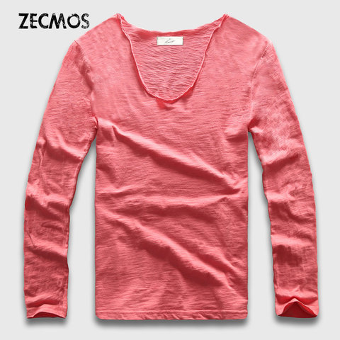 Camisetas de manga larga de algodón con cuello de pico para hombre, Top ajustado, informal, holgado, 20 colores ► Foto 1/6