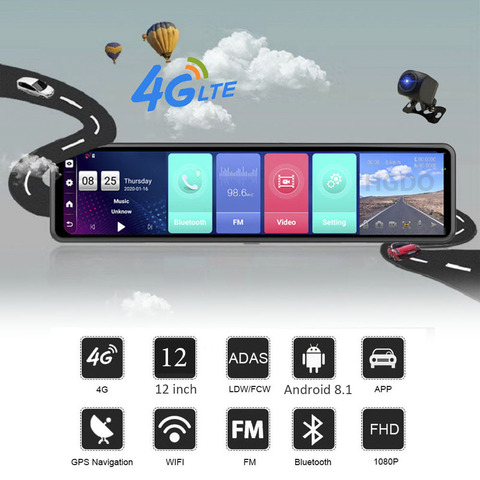 HGDO-cámara DVR para coche, 12 pulgadas, 4G, ADAS, Android 8,1, 3 Pantallas, espejo retrovisor, FHD, 1080P, WiFi, GPS, cámara de salpicadero, grabadora de vídeo ► Foto 1/6