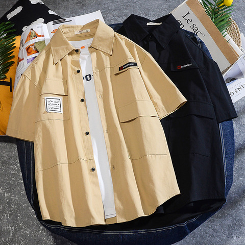 Coreano ropa de moda de hombres de Color sólido de manga corta herramientas dragón 2022 novedad de verano hombres camisa con botones, Chemise Homme hombre ► Foto 1/6