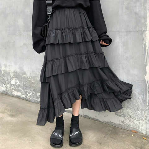 Faldas largas de Lolita gótica para mujer, faldas largas asimétricas de cintura alta, volante fruncido, color negro, para invierno, 2022 ► Foto 1/6