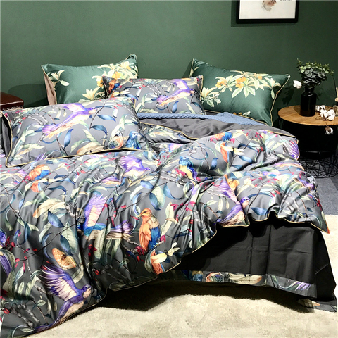 Juego de ropa de cama con estampado Digital de flores y pájaros, juego de ropa de cama de algodón egipcio, 600TC, 4 Uds., sábanas de lujo, fundas de almohada # s ► Foto 1/6