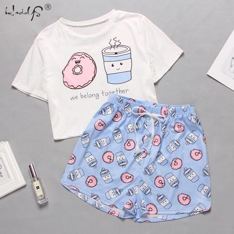 Pijama corto con estampado de dibujos animados para mujer, Conjunto de Pijama, camisetas de manga corta y pantalones cortos ► Foto 1/6