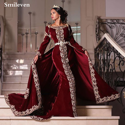 Smileven-vestido de noche de sirena, caftán, terciopelo, argelino, para ocasión especial, apliques de encaje, Vestidos de fiesta de noche, 2 piezas ► Foto 1/5