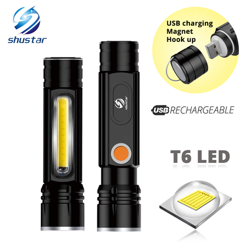 Multifunctional LED Flashlight USB Inside rechargeable battery Powerful T6 torch Side COB light design flashlight tail magnet ► Foto 1/6