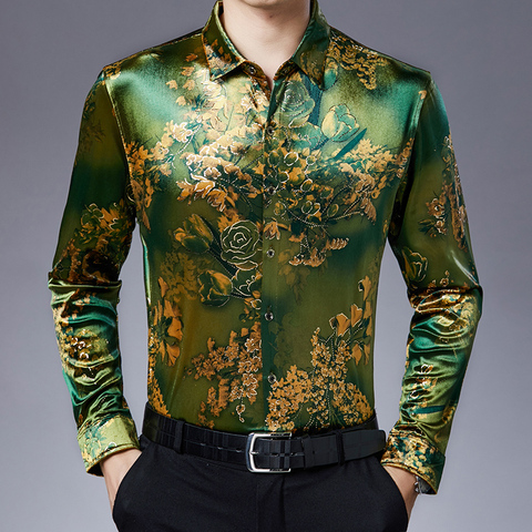 Camisas de terciopelo elásticas de talla grande para hombre, camisas con estampado de flores para verano, verde, dorado, Otoño, 2022 ► Foto 1/6