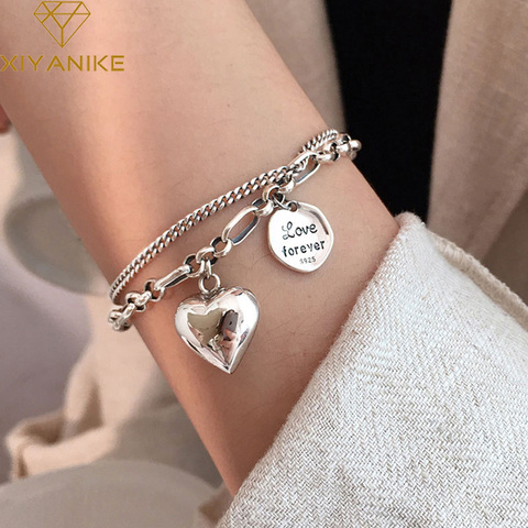 XIYANIKE-pulsera de plata de ley 925 con corazón con carta de amor, brazalete de dos capas para mujer, diseño único, Plata tailandesa, joyería de lujo ► Foto 1/6