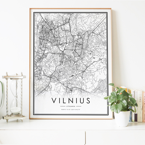 Póster de lona en blanco y negro con estampado de mapa de la ciudad de Vilna, lienzo decorativo de estilo nórdico para decoración del hogar ► Foto 1/4