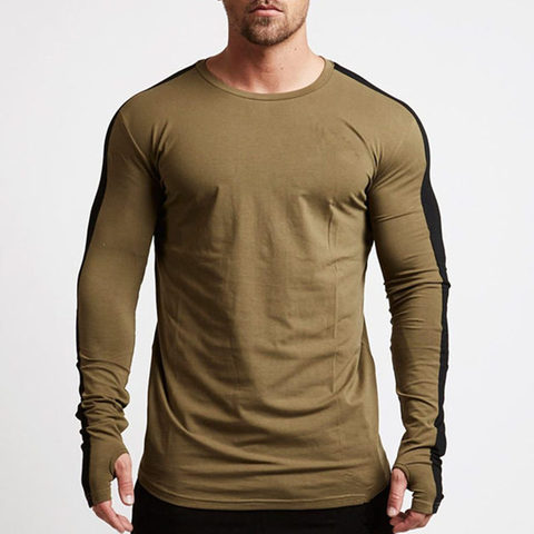 Camiseta informal de manga larga para hombre, Camiseta de algodón para Fitness, Camiseta ajustada de entrenamiento para gimnasio, camisetas verde militar, ropa deportiva para correr ► Foto 1/6