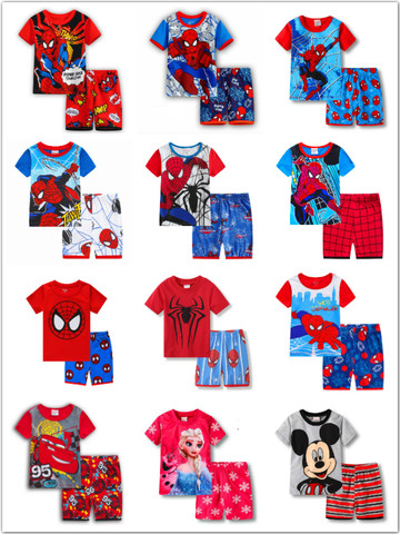 Conjunto de pijama de verano para niños, camiseta de manga corta y pantalones cortos, ropa de dormir para chico y chica, dibujo de Spider-Man, Elsa ► Foto 1/6