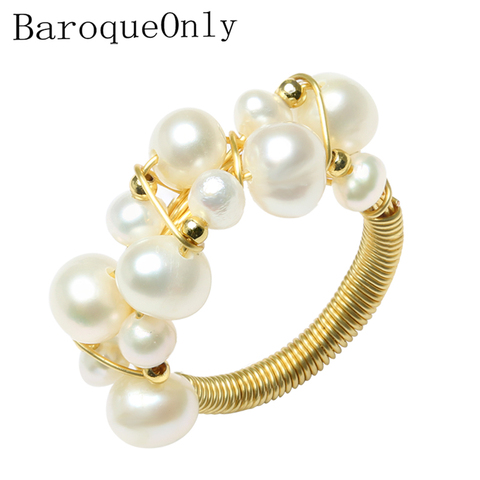 BarqueOnly14k oro hecho a mano múltiples perlas cable cadena Vintage anillo Oval perla Natural de agua dulce auténtica de joyería ► Foto 1/6