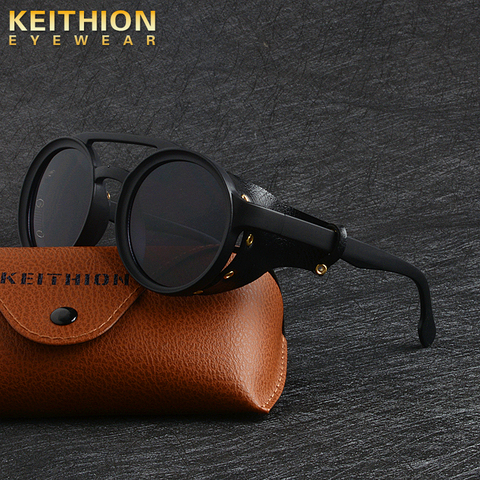 Gafas de sol KEITHION Steampunk para hombre, gafas de sol Retro para mujer, gafas de sol de cuero de moda con escudos laterales, gafas de sol redondo de estilo ► Foto 1/6
