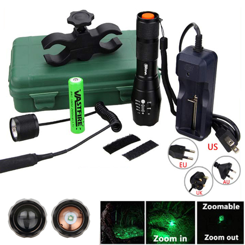 Linterna de caza táctica Q5 T6 5000lm con zoom verde/rojo/blanco LED arma de luz + montaje de Rifle + 18650 + interruptor de presión + cargador ► Foto 1/6