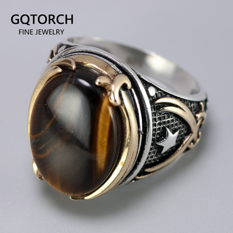 Genuino sólido 925 anillos de plata Cool Vintage anillos naturales Ojo de Tigre grandes anillos turcos para hombres con joyas de piedras turcas ► Foto 1/6