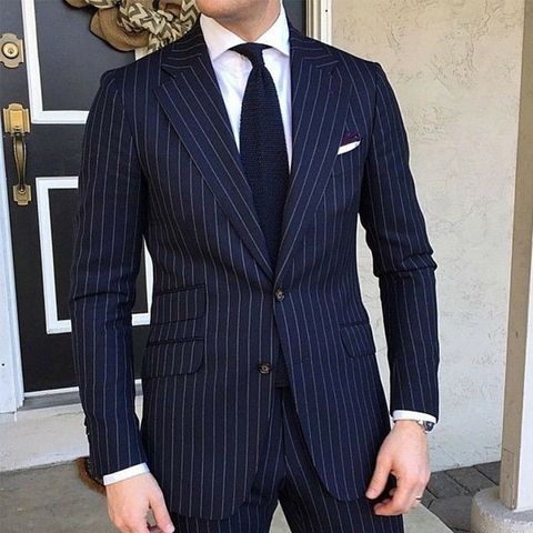 Traje entallado a rayas para hombre, esmoquin Formal para boda, solapa con muescas, 2 piezas, azul marino, rayas, negocios, moda masculina ► Foto 1/6