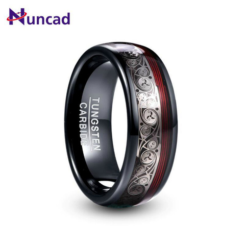 Anillo plateado NUNCAD de 8mm de ancho de tungsteno con incrustaciones negras, Triple Patrón En Espiral + guitarra roja, anillo de carburo de tungsteno T229R ► Foto 1/5