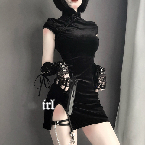 Diablo-ropa de estilo Retro para chica, vestido adelgazante de cintura alta con dobladillo de manga corta, abertura Punk de terciopelo chino ► Foto 1/6