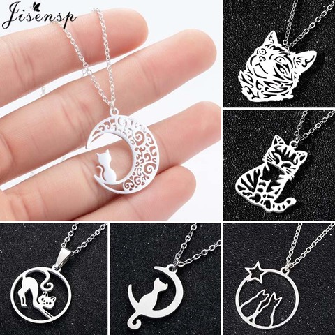 Collar de acero inoxidable con colgante de gato hecho en Origami para mujer, joyas de gatitos, gato en la Luna, Bisutería ► Foto 1/6