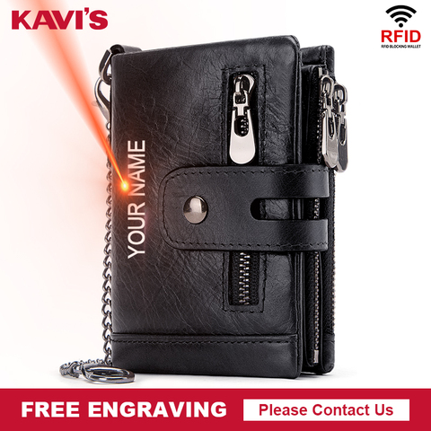 KAVIS-cartera de cuero genuino para hombre, billetera con grabado gratis Rfid, monedero pequeño, portafolio, color negro ► Foto 1/6