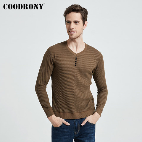 COODRONY-suéter informal con cuello en V para hombre, Camisa ajustada de manga larga para otoño e invierno, Jersey de punto de algodón para hombre ► Foto 1/6