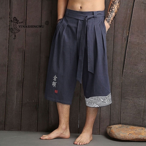 Kimono japonés pantalones tradicionales de lino para hombre, pantalones recortados, ropa asiática, pantalón de baño, estilo japonés, pantalones sueltos casuales para hombre Yukata ► Foto 1/5