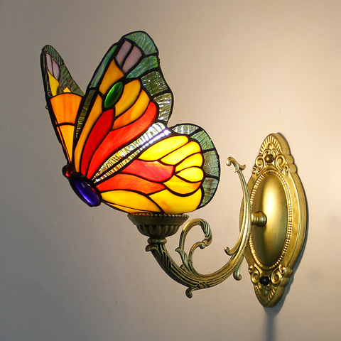 Lámpara de pared en forma de mariposa de estilo Tiffany, aplique de pared para escalera, accesorio para dormitorio, decoración de cabecera, iluminación de sombra de vidrio ► Foto 1/1